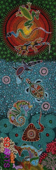 an art work with many different colors and designs on it, including fish in the water