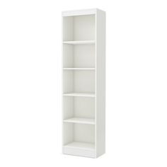 a white bookcase with three shelves on each side