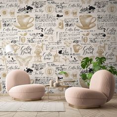 two pink chairs in front of a wall with coffee cups on it