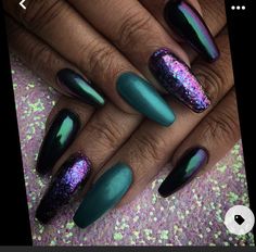 Purple With Green Nails, Jewel Tone Nails Acrylic, Holographic Halloween Nails, Spooky Chrome Nails, Peacock Color Nails, Black Colorful Nails, Dark Colour Nails Designs, Purple And Green Nails Acrylic, Dark Mermaid Nails