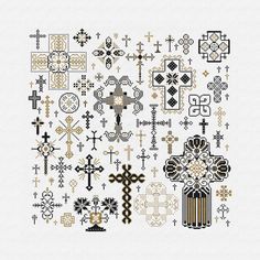 cross stitch pattern with different designs and colors on white paper, including black and gold crosses