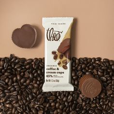 chocolate bar next to coffee beans and other items