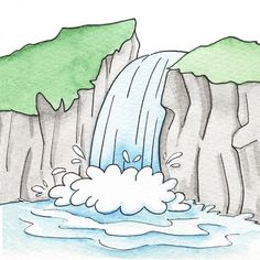 a drawing of a waterfall with water coming out of it