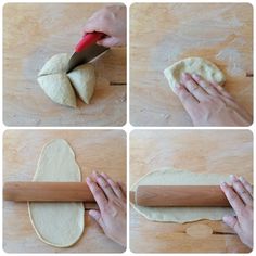 the process for making bread is being made with rolling dough and an apple on top