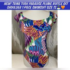 New! Trina Turk Paradise Plume Ruffle Off Shoulder 1 Piece Swimsuit Size 12 New With Tags!!! Sold Out Online! Listing Includes (1) Swimsuit Bundle With Matching Towel For Set!! Hygiene Liner Intact Of Course Womens Size 12 Regular Beautiful Tropical Blues, Oranges, Purples, Whites, Pinks And Greenscolors Are More Bold In Person Elastic Off The Shoulder Neckline With Ruffle Detail One Piece Swimsuit Style Swimsuit Features Moderate Coverage Removable Padded Cups About Style From Trina, “A Playful, Off-The-Shoulder Ruffle Adds Femininity To This Top-Rated Silhouette In A Brand New, Tropical Print, Ready For Your Next Warm-Weather Getaway!” Gorgeous Tropica Tropical Swimsuit, Tropical Swimsuits, 1 Piece Swimsuit, Tropical Blue, Swimsuit Fashion, Women's Swimwear, Trina Turk, Tropical Print, Womens Swimwear