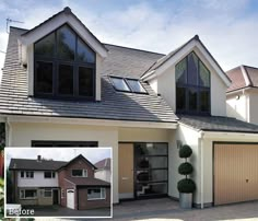 before and after photos of a house with windows, roofing and garage doors in the foreground