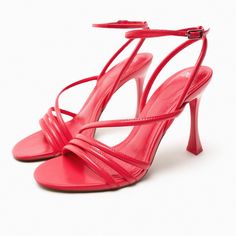 New With Tag Hot Pink Heels From Zara Red Sandals With Reinforced Heel For Spring, Spring Red Sandals With Reinforced Heel, Zara Ankle Strap Heels With Reinforced Heel, Zara Strappy Heels For Evening, Zara Strappy Evening Heels, Zara Elegant Strappy Heels, Chic Zara Strappy Heels, Hot Pink High Heels, Zara Heels