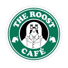 the roast cafe sticker is shown in black and white, with an image of a man