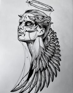 a drawing of a woman with wings on her head