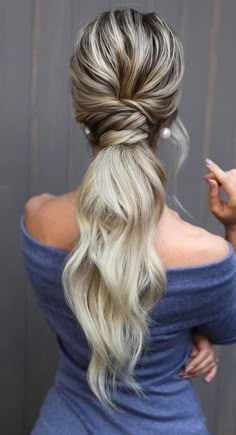 Ponytail Styles Bridesmaid, Long Ponytail For Wedding, Long Pony Updo Wedding, Bridesmaid Hairstyles French Braid, Low Ponytail Updo Wedding, Long Hairstyles Wedding Bridesmaid, Bride Hairstyles For Backless Dress, Bridesmaid Ponytail With Braid, Low Pony Tailed Hairstyle Prom