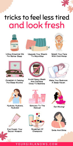 14 Tricks To Feel Less Tired And Look Fresher Than A Daisy In The Morning Beat morning fatigue and look refreshed with these 14 tricks! Start your day feeling and looking amazing.  how to look less tired | how to look fresh | sleep routine | bedroom ideas | how to look not tired | how to look not so tired | how to make eyes look less tired | how to not look tired | how to not look tired in the morning | how to look fresh | how to look fresh in the morning | how to look fresh and clean | how to look fresh all day How To Feel Fresh In The Morning, How To Not Look So Tired, How To Feel Refreshed, How To Feel More Awake, How To Look Fresh All Day, How To Not Sweat, Face Depuffing, How To Sleep Less, Look Less Tired