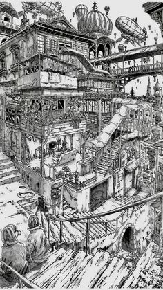 a black and white drawing of an industrial area