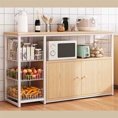 a microwave oven sitting on top of a wooden counter next to a shelf filled with food