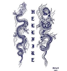 two blue dragon tattoos on white paper with chinese writing in the middle and below them