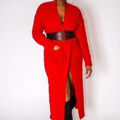 Available In Red Long Cardigan Long Sleeves Knit Pockets Oversize No Closure 100% Acrylic Belt Not Included Trendy Red V-neck Cardigan, Red Long Sleeve Cardigan For Winter, Long Sleeve Red Cardigan For Winter, Red Knit Long Sleeve Outerwear, Red Knit Sweater Coat For Winter, Red Knitted V-neck Outerwear, Red Sweater For Spring Loungewear, Red Knitted Sweater Coat For Winter, Oversized Red Long Sleeve Cardigan