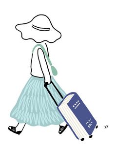 a drawing of a woman pulling a suitcase with her hand on the handle and wearing a hat