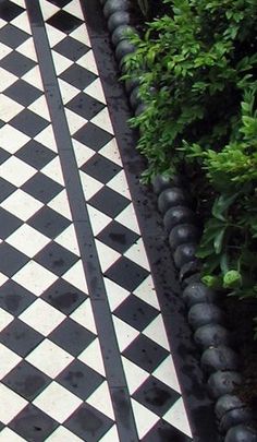 a black and white checkerboard floor next to green plants in a garden area