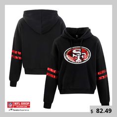 Add some sparkle to your San Francisco 49ers game day attire with this Cropped Sequins Pullover Hoodie from Cuce. This dazzling hoodie features sequin stripes on the sleeves and a large sequin team logo on the front for a glamorous touch of Niners spirit. With a fleece lining and midweight construction, it's perfect for moderate temperatures when you want to stay warm without sacrificing style. 49ers Game Day, 49ers Sweatshirt, 49ers Game, Gameday Couture, Large Sequins, Quarter Zip Hoodie, Oversized Crewneck, Women Hoodies Sweatshirts, San Francisco 49ers