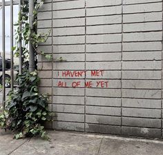 graffiti written on the side of a brick wall next to a green plant growing up against it