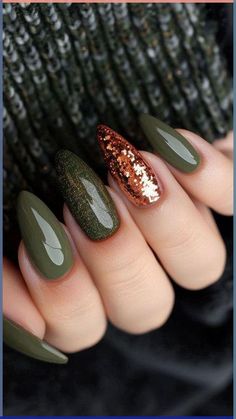 50  New Years Eve Nails That Are Super Trendy Thanksgiving Almond Nails Designs, Fall Nails Inspo Almond, Nail Ideas New Years Eve, Fun Fall Nails Designs, Green And Bronze Nails, November Nails Fall Simple, Hunter Green Nails Design Fall, Green November Nails, November Toe Nails