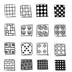 nine different types of squares and squares drawn in black ink on white paper, each with an