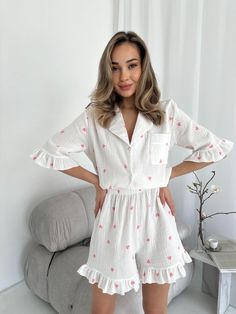 Shorts + shirt Material: 100% cotton Size: S/M - BUST 84-92 sm, UP TO 97 sm M/L - BUST 92-100 sm, UP TO 108 sm Introducing a delicate cotton pajama set with a charming floral print, designed for your maximum comfort and lightness. The set includes airy shorts and a short-sleeved shirt, perfect for warm nights and cozy evenings at home. Cotton is a soft, natural material that feels gentle on the skin, offering breathability and a sense of lightness. The floral print adds a touch of romance and freshness, creating an atmosphere of comfort and tranquility. This set will become your favorite choice for sleep and relaxation, combining softness, style, and unparalleled comfort. If you have any questions, we will be happy to answer them in the chat🤍 Sleeping Pajamas, Pajama Costume, Pink Pajama, Cotton Pajama Set, Pink Pajamas, Cotton Pajama Sets, Sleep Shorts, Pajama Robe, Cotton Pyjamas