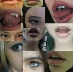 many different pictures of women with piercings on their lips and noses, all showing the same