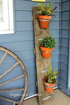 an old wooden ladder is used as a planter