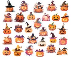 a large collection of halloween pumpkins with hats