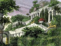 a painting of a garden with trees, bushes and lions on the steps leading up to it