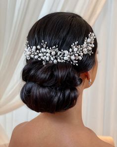 female model wearing pearl and crystal sprig bridal vine above an updo Wedding Dresses Lace Ballgown, Bridal Hairdo, Luxury Bridal, Wedding Hair Pieces, Dresses Lace, Medium Hair Cuts, Medium Length Hair Cuts, Wedding Things, Bridal Headpieces