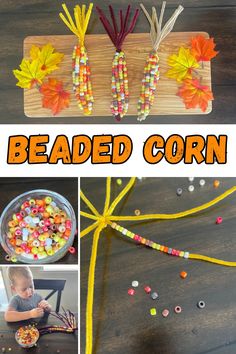 Pony Bead Indian Corn Craft, Beaded Corn Craft For Kids, Indian Corn Beads And Pipe Cleaners, Fun Fall Arts And Crafts For Kids, Kid Crafts Fall, Fall Crafts To Do With Kids, Easy Crafts For Kids Fall, Fall Decor Crafts For Kids, Pony Bead Corn Craft