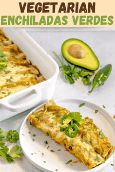 an enchilada on a plate with avocado next to it