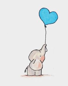 an elephant holding a blue heart balloon in the air with it's trunk up