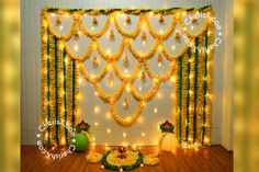 Diwali Decoration Ganpati Decoration Theme, Diwali Decoration Ideas, Simple Stage Decorations, Home Flower Decor, Ganpati Decoration At Home, Diwali Decoration Items, Wedding Background Decoration