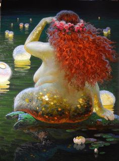 a woman with red hair sitting on top of a body of water