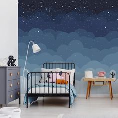 Removable peel and stick wallpaper for nursery and kids. Perfect for moms who are into DIYs and wall decor for children. Wallpaper Accent Wall Nursery, Night Sky Mural, Nursery Wallpaper Accent Wall, Space Wall Painting, Accent Wall Nursery, Weeb Room, Removable Wallpaper Bedroom, Murals Bedroom, Counseling Room