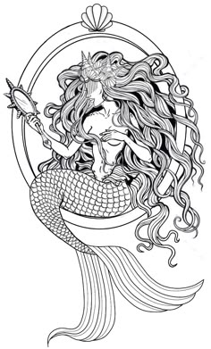 a drawing of a mermaid with long hair and a fish in her hand, sitting on the