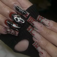 Freddy Krueger Nails, Ghostface Nails, Nail Art Challenge, Spooky Nails, Halloween Acrylic, Halloween Acrylic Nails, Halloween Nail, Acrylic Designs