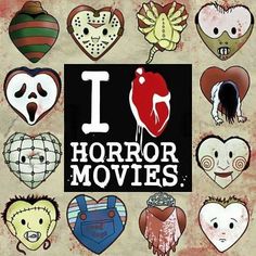 i heart horror movies stickers are on the back of a poster with many different faces