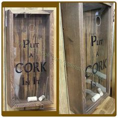 two wooden boxes with toilet paper in them and the words put at a cork in it