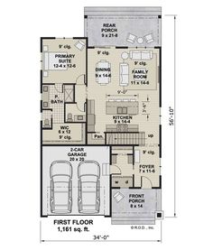 the first floor plan for a home with two car garages and an attached living area