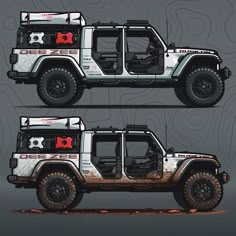 two renderings of a jeep with red and white paint job on the doors, side by side