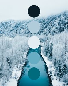 an aerial view of a river surrounded by snow covered mountains and trees with circles above the water