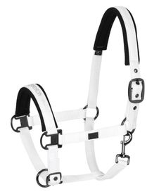 a white and black bridle on a white background