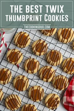 Overhead look at Twix thumbprint cookies on a cooling rack Cookie Baking Party, Christmas Girls Night, Simple Sugar Cookies, Amazing Cookie Recipes, Crumble Cookie Recipe, Twix Bars, Sweets To Make, Cookie Exchange Recipes, Crumble Cookie