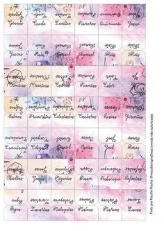 a calendar with the names of different languages and numbers in pink, purple and blue watercolor