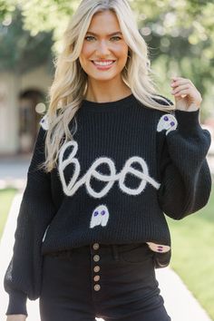 Oh hey, boo! You are going to love styling with this ghosty sweater! That script font and the little crochet ghosts are just so cute! You can easily style this sweater with your favorite jeans and boots! Round neckline Long sleeves Script and ghost... Crochet Ghosts, Hey Boo, Floral Cocktail Dress, Black Tie Dress, Girl's Back, Long Sleeve Outerwear, Cute Spring Outfits, Girls Graphic Tee, Cute Rompers