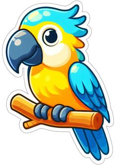 a blue and yellow parrot sitting on top of a tree branch with a sticker attached to it's back