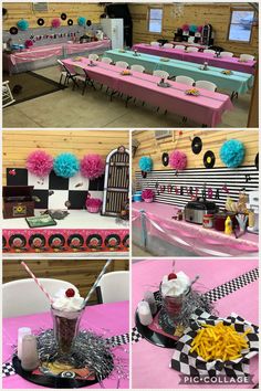 this is a collage of photos showing different tables and chairs at a birthday party